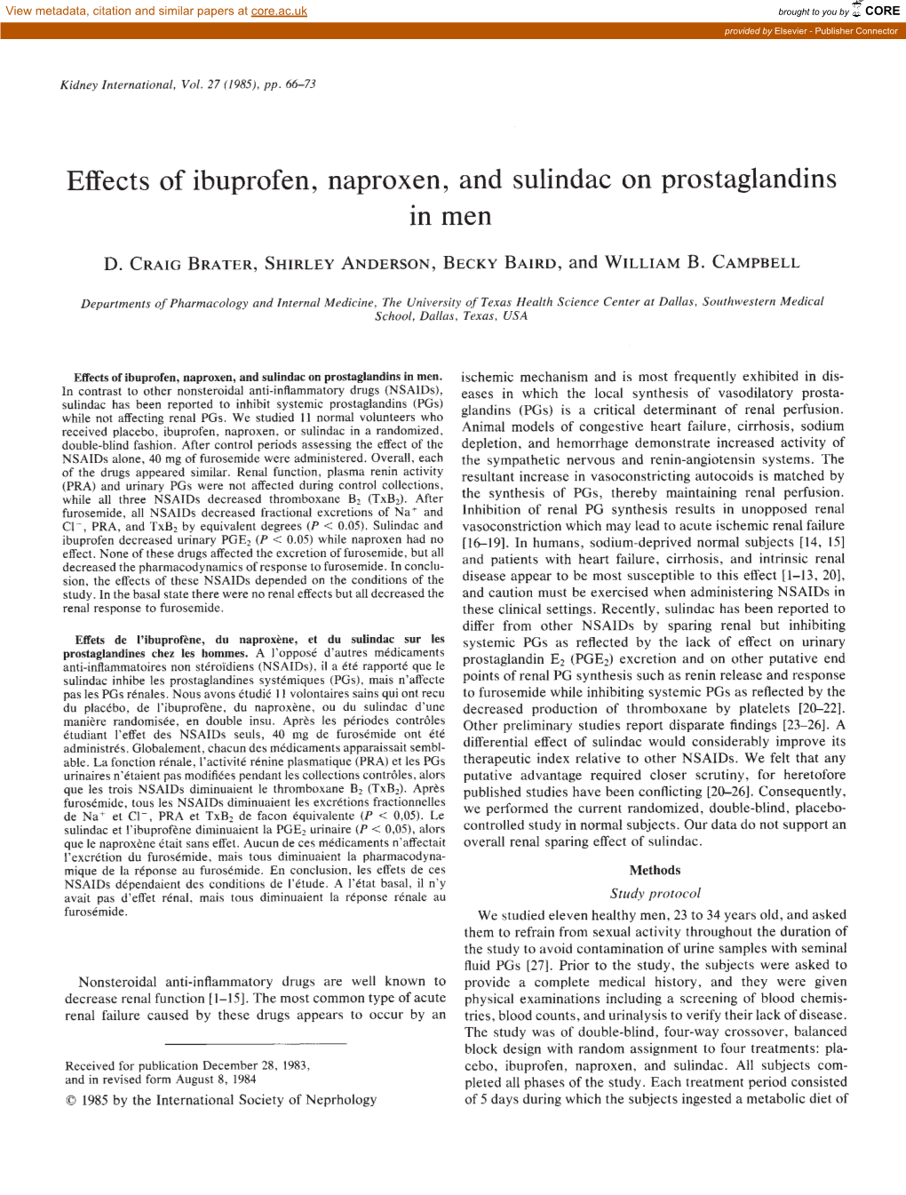 Effects of Ibuprofen, Naproxen, and Sulindac on Prostaglandins in Men