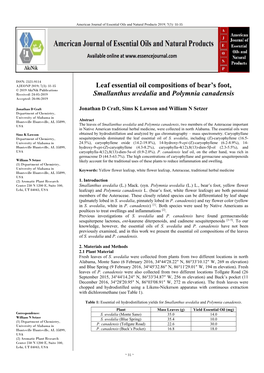 Leaf Essential Oil Compositions of Bear's Foot, Smallanthus Uvedalia