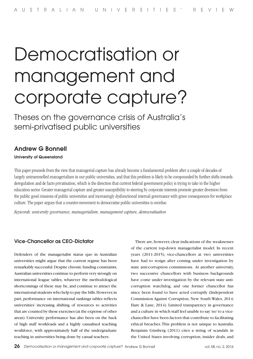 Democratisation Or Management and Corporate Capture? Theses on the Governance Crisis of Australia’S Semi-Privatised Public Universities