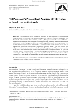 Val Plumwood's Philosophical Animism