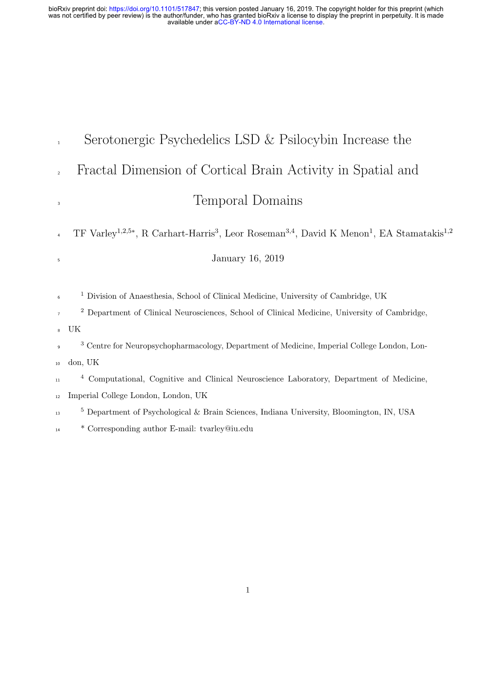 Serotonergic Psychedelics LSD & Psilocybin Increase the Fractal