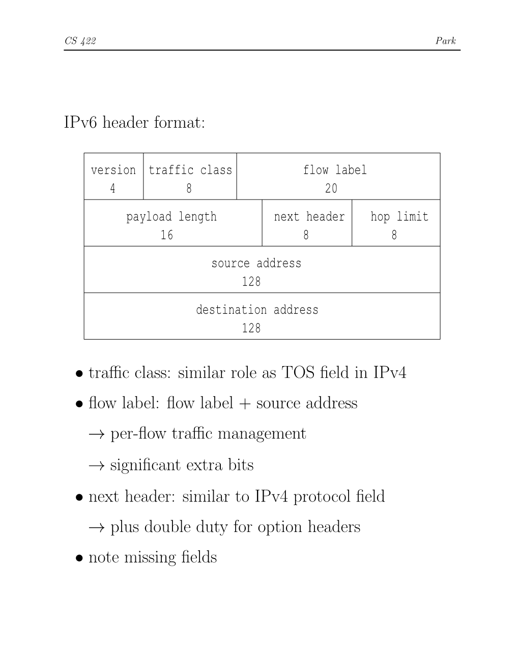 Ipv6 Header Format: • Traffic Class: Similar Role As TOS Field in Ipv4