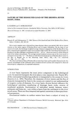 [21 NATURE of the DISSOLVED LOAD of the KRISHNA RIVER BASIN, INDIA a River Basin Represents the Most Active Component in The