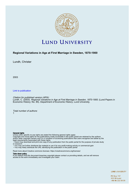 Regional Variations in Age at First Marriage in Sweden, 1870-1900 Lundh, Christer