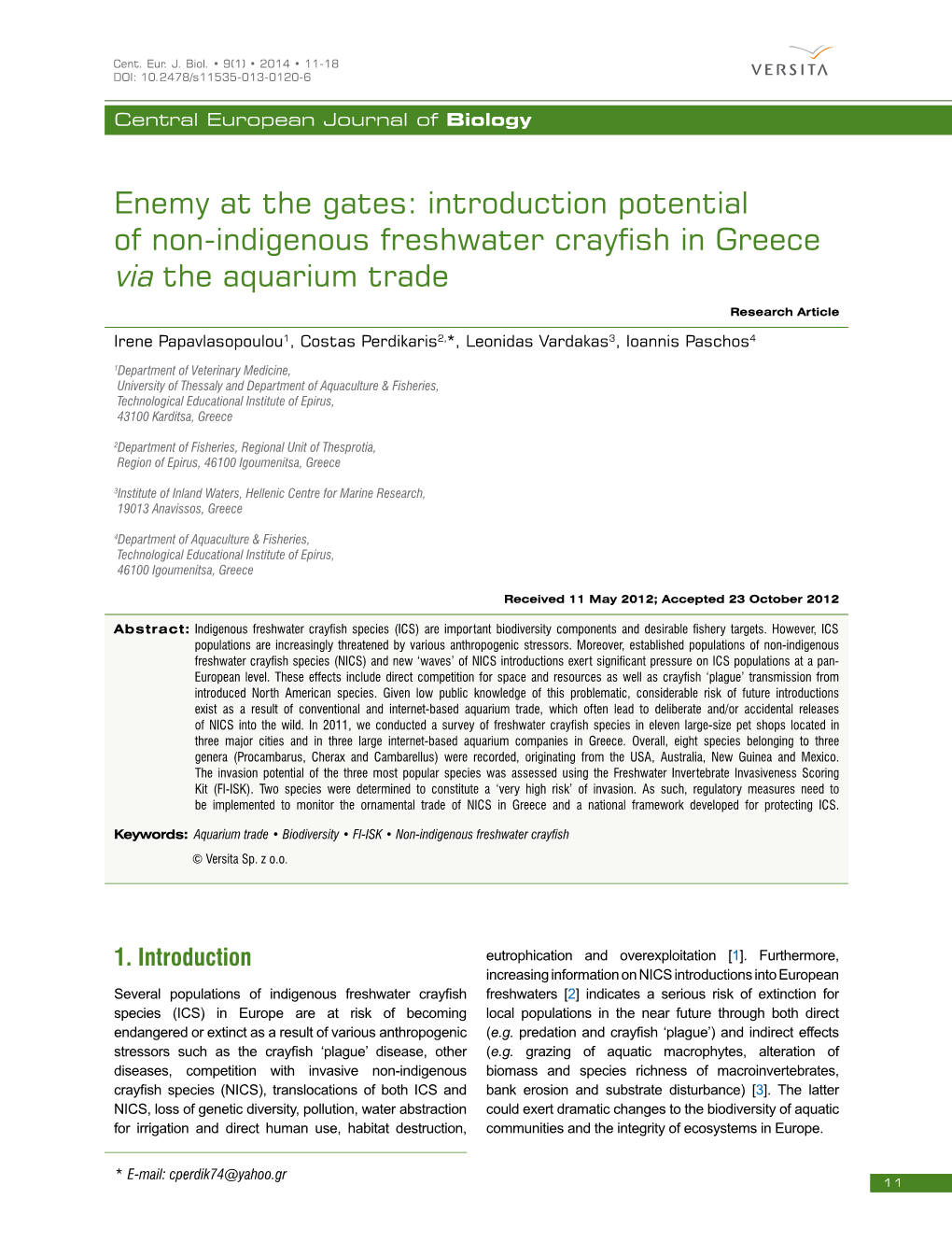 Introduction Potential of Non-Indigenous Freshwater Crayfish in Greece Via the Aquarium Trade