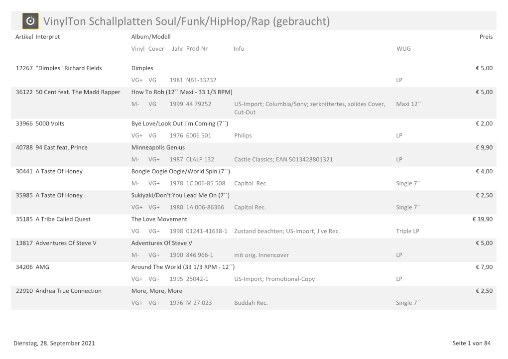 Vinylton Schallplatten Soul/Funk/Hiphop/Rap (Gebraucht) Artikel Interpret Album/Modell Preis Vinyl Cover Jahr Prod-Nr Info WUG