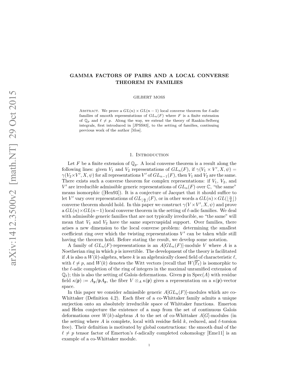 Arxiv:1412.3500V2 [Math.NT] 29 Oct 2015 Γ En Smrhc(Hn3) Ti Ojcueo Aqe Hti Sh It That Jacquet of Conjecture a Is It Let ([Hen93])