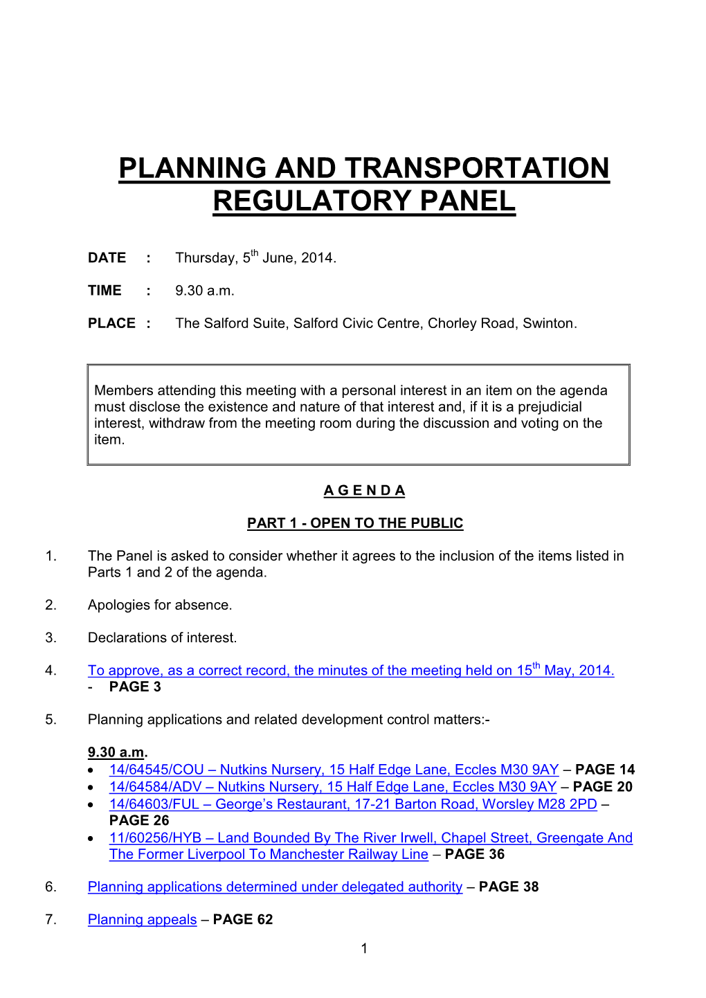 Planning and Transportation Regulatory Panel