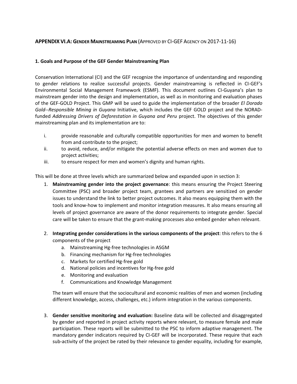 Appendixvi.A:Gender Mainstreaming Plan (Approved by Ci-Gefagency On