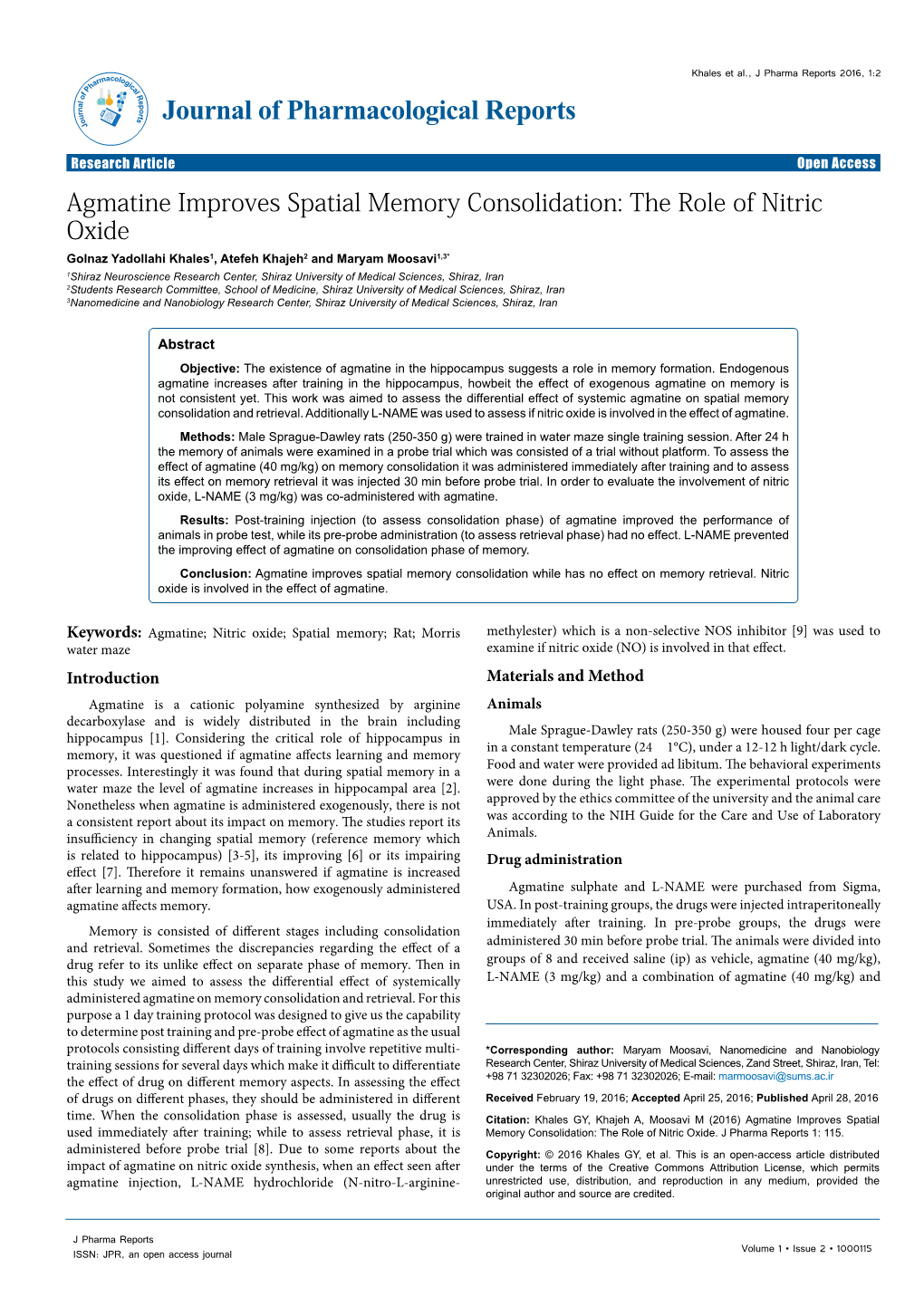 Agmatine Improves Spatial Memory