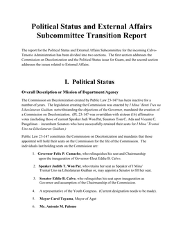 Political Status and External Affairs Subcommittee Transition Report