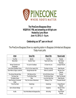 The Pinecone Bluegrass Show WQDR 94.7 FM, and Streaming on 947Qdr.Com Hosted by Larry Nixon June 14, 2015, 6 – 9 P.M