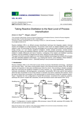 Taking Reactive Distillation to the Next Level of Process Intensification, Chemical Engineering Transactions, 69, 553-558 DOI: 10.3303/CET1869093 554