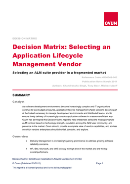 Decision Matrix: Selecting an Application Lifecycle Management Vendor