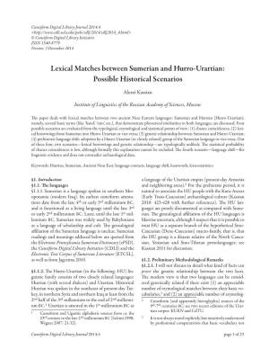 Lexical Matches Between Sumerian and Hurro-Urartian: Possible Historical Scenarios