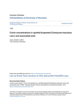 Cnicin Concentrations in Spotted Knapweed (Centaurea Maculosa Lam.) and Associated Soils