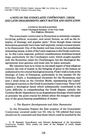 A Note on the Iconoclastic Controversy: Greek and Latin Disagreements About Matter and Deification