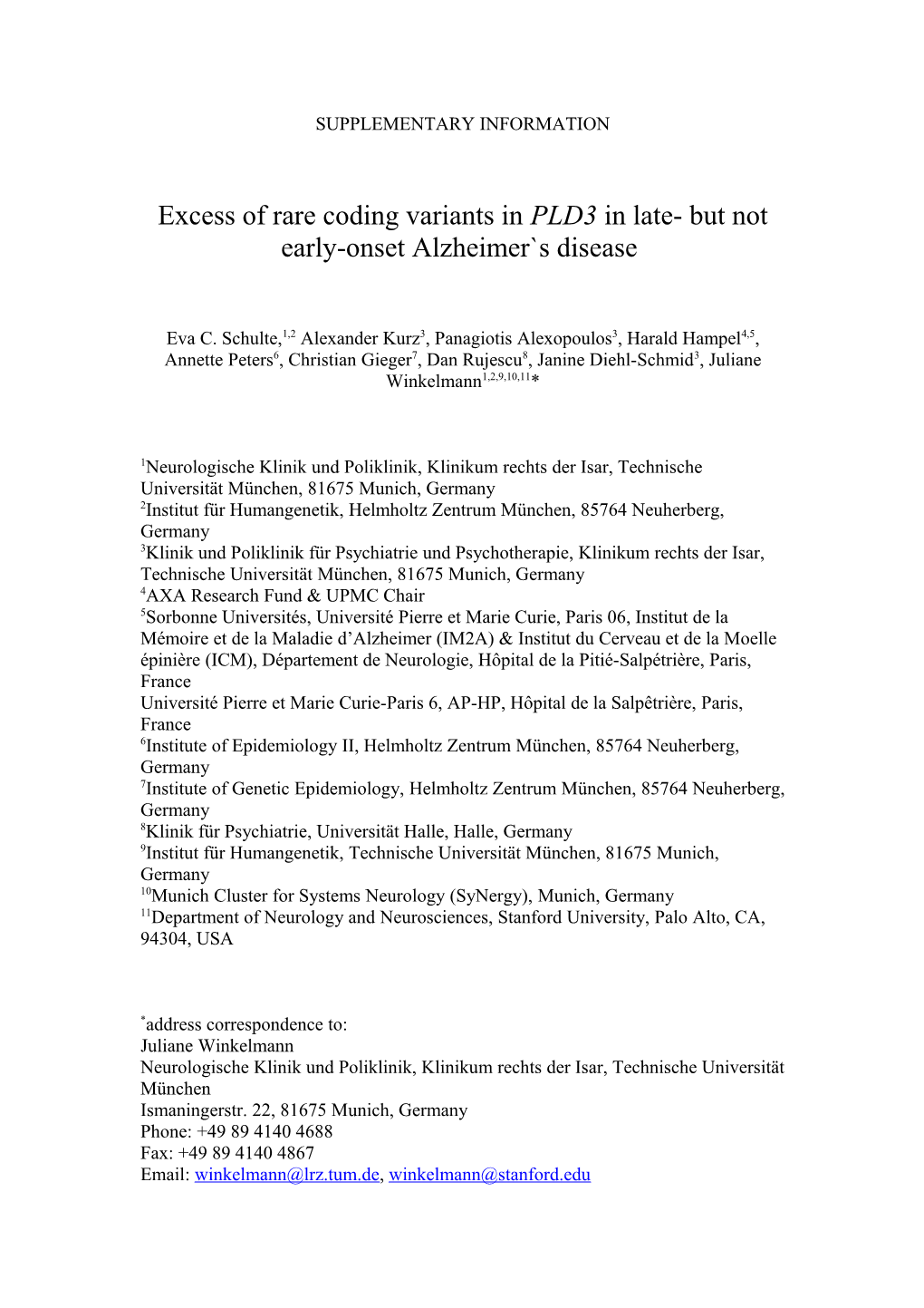 Excess of Rare Coding Variants in PLD3 in Late- but Not Early-Onset Alzheimer S Disease