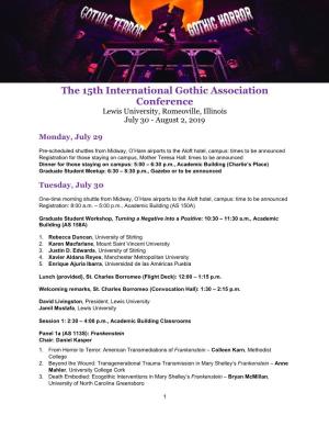 The 15Th International Gothic Association Conference Lewis University, Romeoville, Illinois July 30 - August 2, 2019