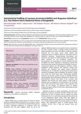 Anti-Bacterial Profiling of Launaea Sarmentosa (Willd.) and Bruguiera