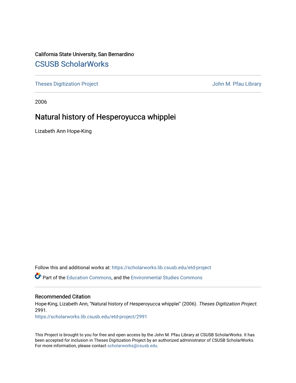 Natural History of Hesperoyucca Whipplei