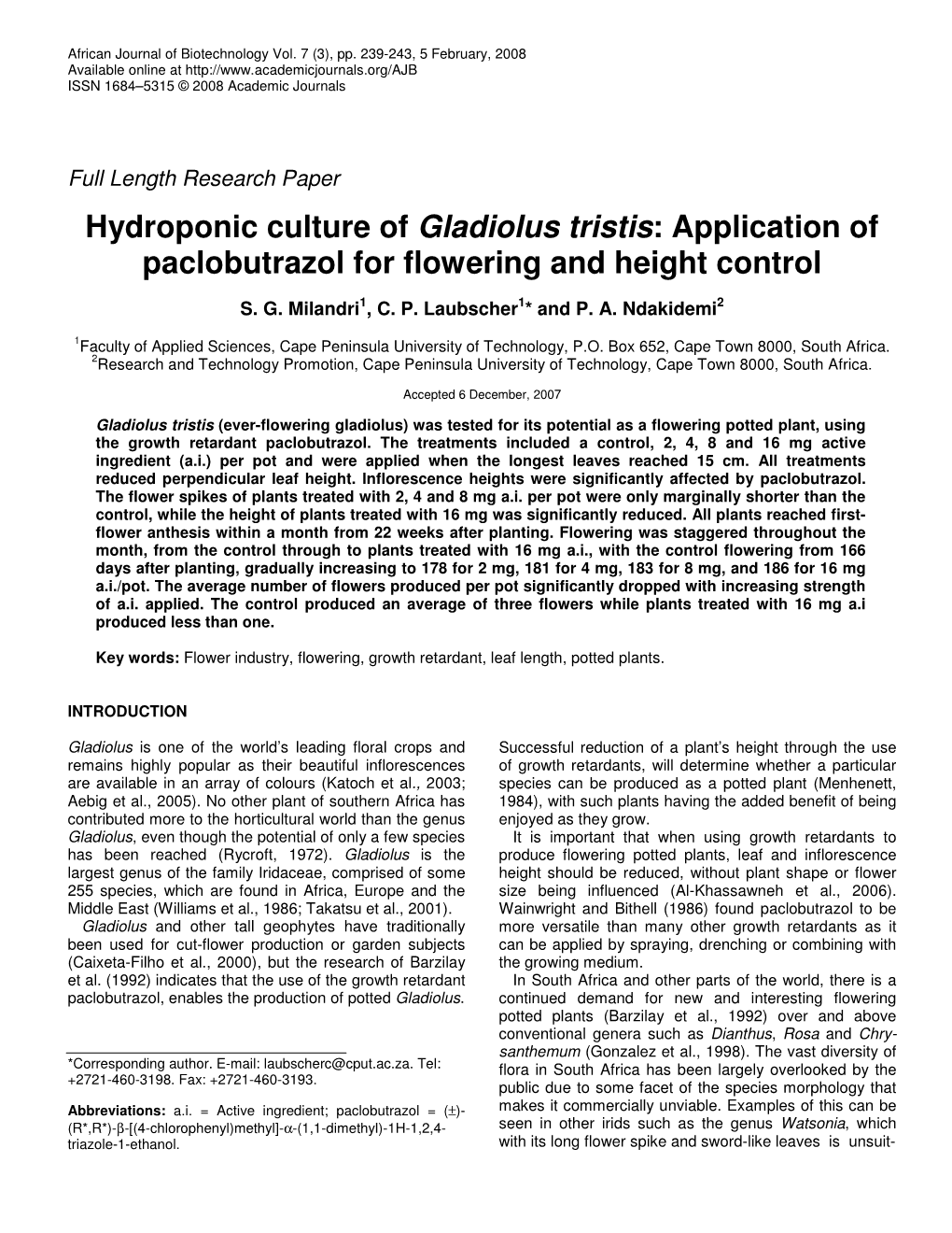 Hydroponic Culture of Gladiolus Tristis: Application of Paclobutrazol for Flowering and Height Control