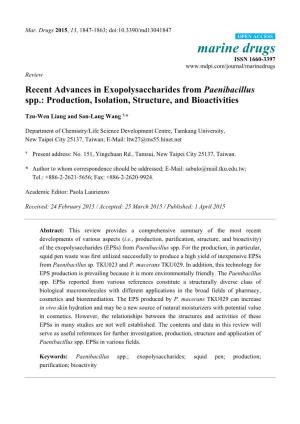 Recent Advances in Exopolysaccharides from Paenibacillus Spp.: Production, Isolation, Structure, and Bioactivities