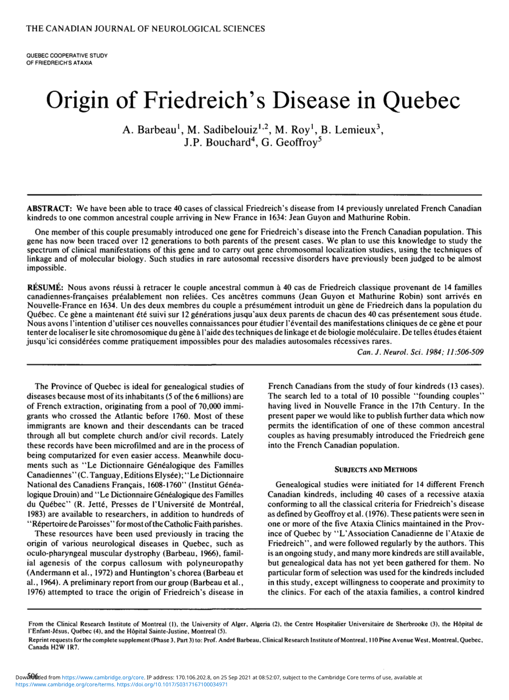 Origin of Friedreich's Disease in Quebec A