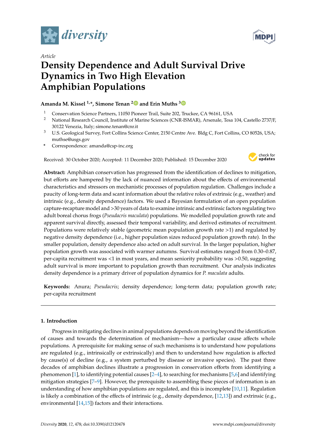 Density Dependence and Adult Survival Drive Dynamics in Two High Elevation Amphibian Populations