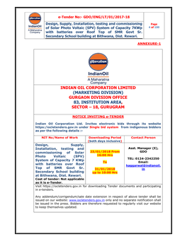 Indian Oil Corporation Limited (Marketing Division) Gurgaon Division Office 83, Institution Area , Sector – 18, Gurugram