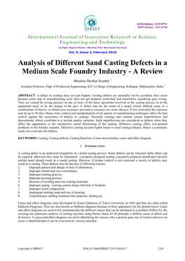 Analysis of Different Sand Casting Defects in a Medium Scale Foundry Industry - a Review