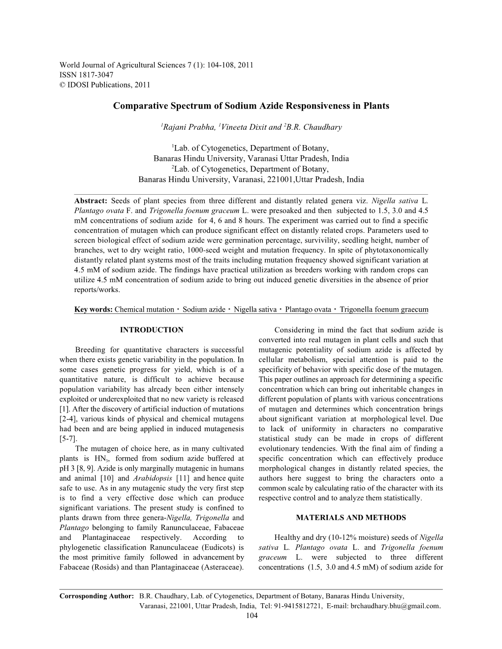 Comparative Spectrum of Sodium Azide Responsiveness in Plants