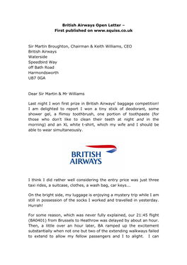 British Airways Open Letter – First Published On