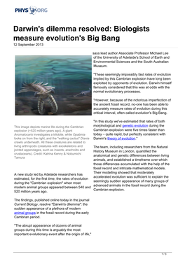 Darwin's Dilemma Resolved: Biologists Measure Evolution's Big Bang 12 September 2013