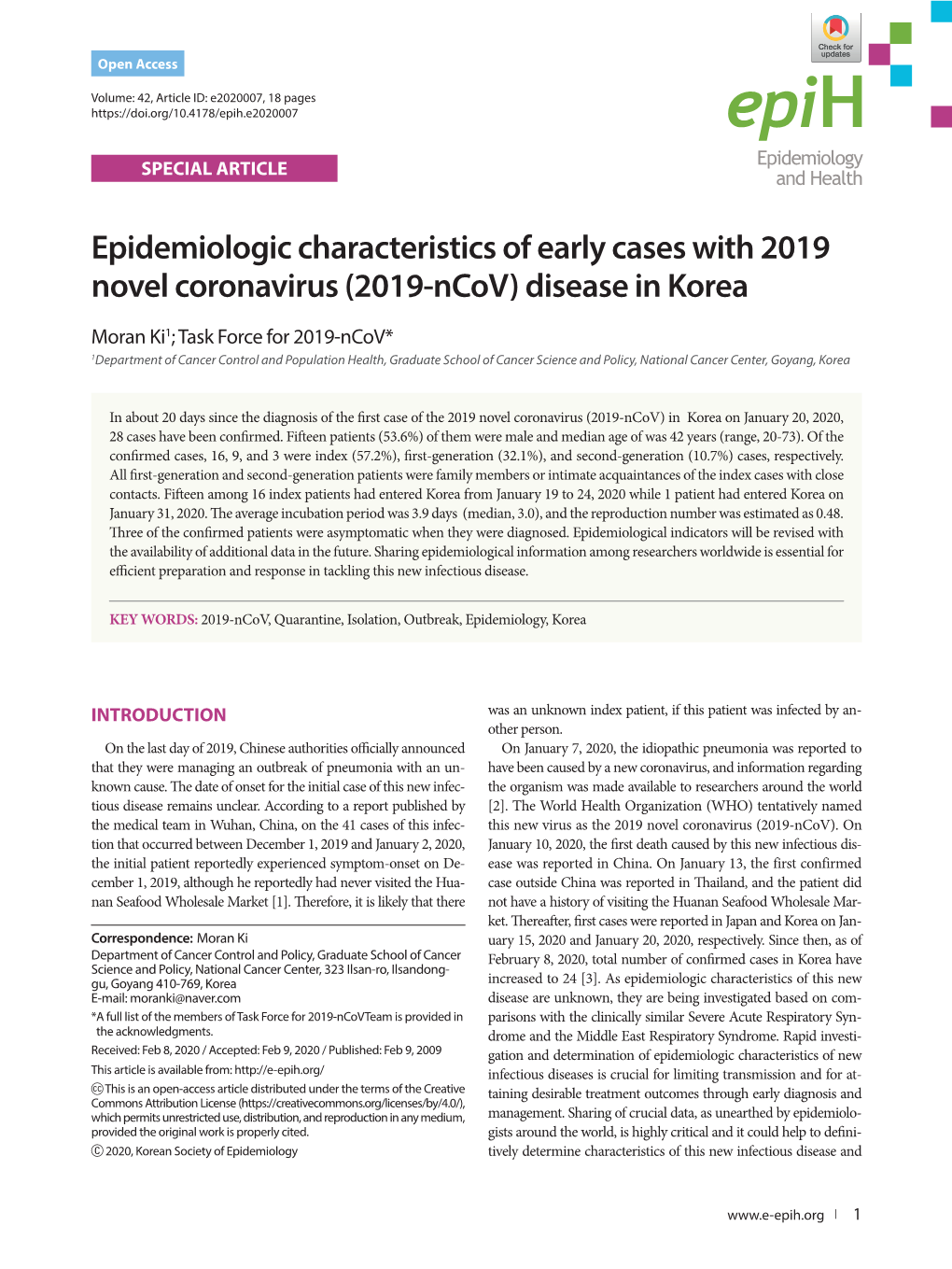 Epidemiologic Characteristics of Early Cases with 2019 Novel Coronavirus (2019-Ncov) Disease in Korea