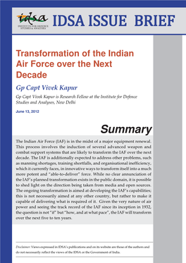 Transformation of the Indian Air Force Over the Next Decade