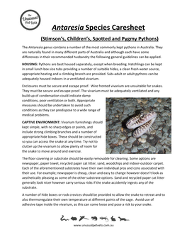 Antaresia (Stimson's, Children's, Spotted and Pygmy Python) Care