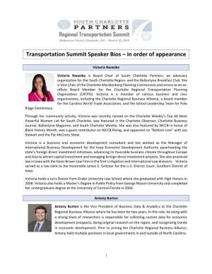 Transportation Summit Speaker Bios – in Order of Appearance