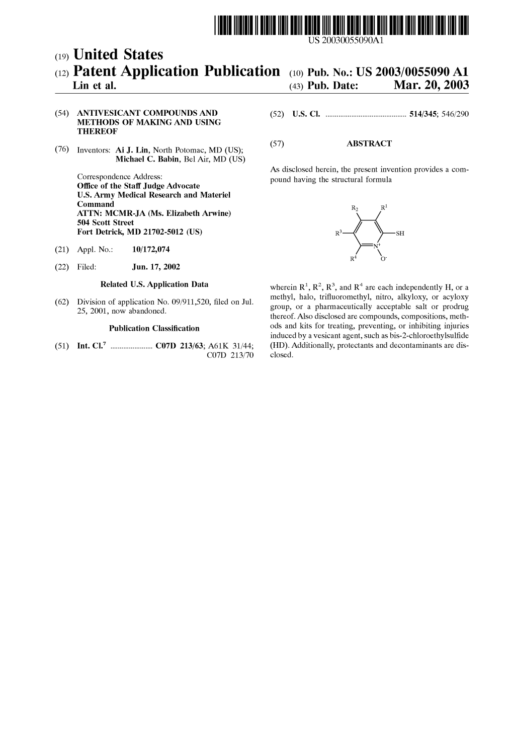 (12) Patent Application Publication (10) Pub. No.: US 2003/0055090 A1 Lin Et Al