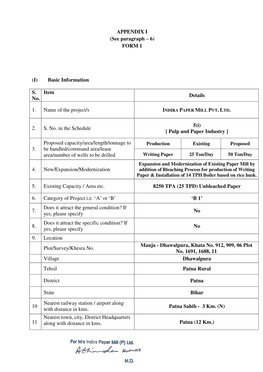FORM 1 (I) Basic Information S. No. Item Details 1. Name of the Project/S