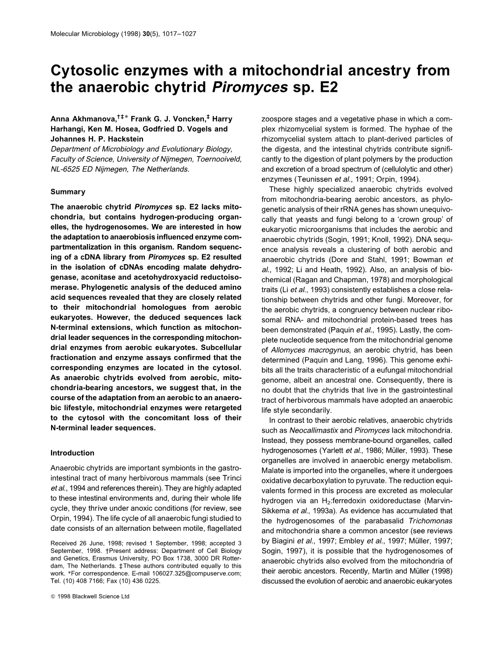 Cytosolic Enzymes with a Mitochondrial Ancestry from the Anaerobic Chytrid Piromyces Sp