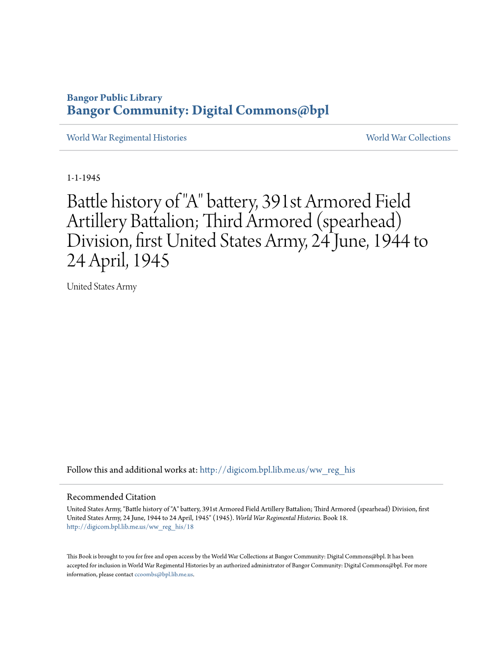 Battle History of "A" Battery, 391St Armored Field Artillery Battalion