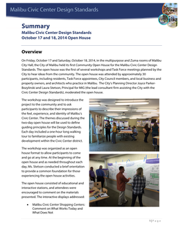 Summary Malibu Civic Center Design Standards October 17 and 18, 2014 Open House