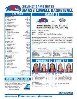 UMASS LOWELL Basketball SCHEDULE GAME 29 NOVEMBER (0-7) 11 @Towson L, 56-90 13 @No.6 Maryland L, 44-100 17 FAIRFIELD L, 41-65 20 LONGWOOD^ L, 59-72 Vs