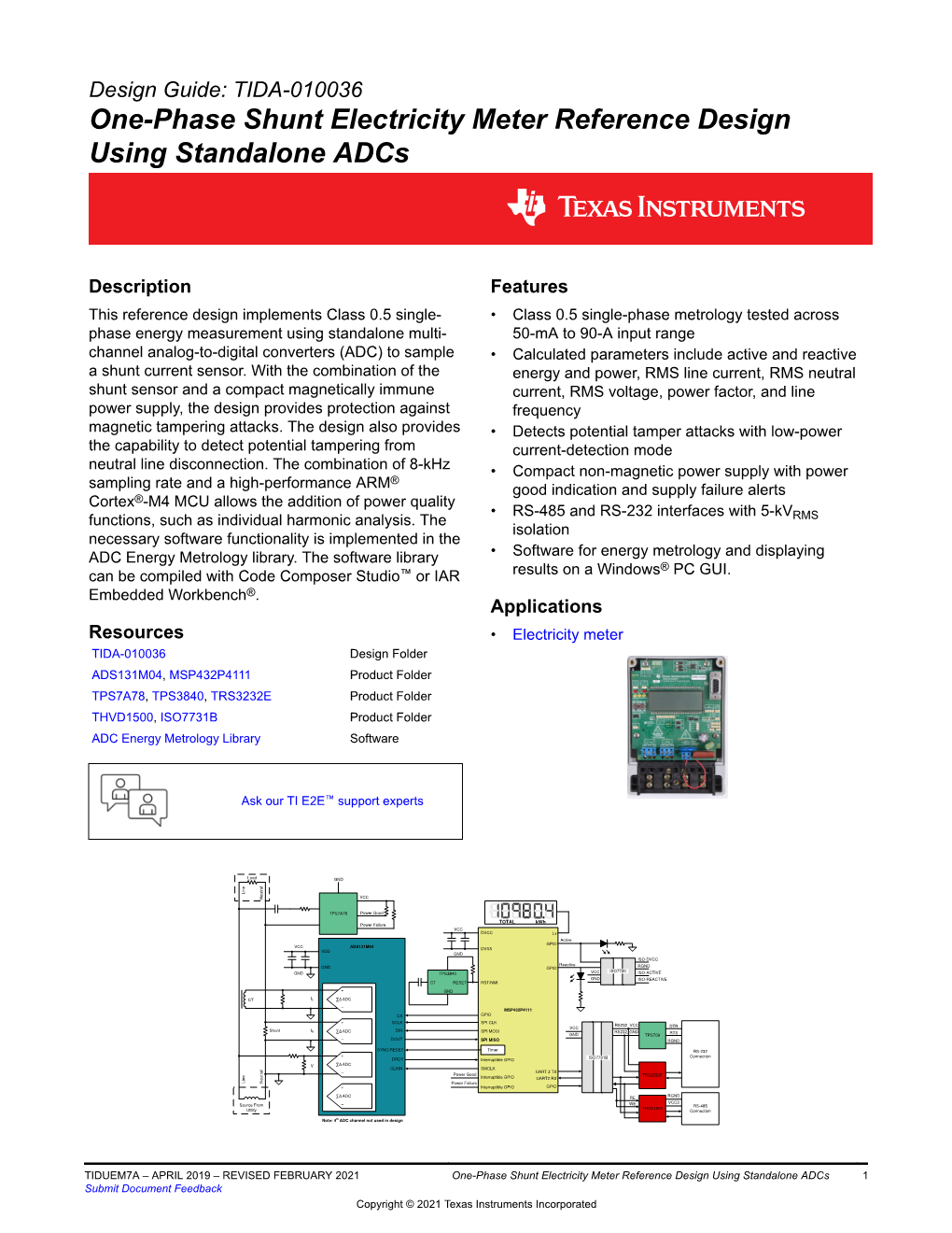 TIDA-010036 One-Phase Shunt Electricity Meter Reference Design Using Standalone Adcs