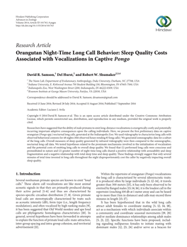 Research Article Orangutan Night-Time Long Call Behavior: Sleep Quality Costs Associated with Vocalizations in Captive Pongo