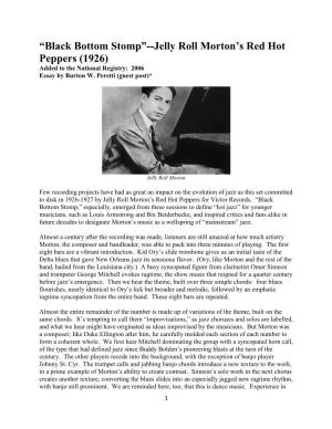 Black Bottom Stomp”--Jelly Roll Morton’S Red Hot Peppers (1926) Added to the National Registry: 2006 Essay by Burton W