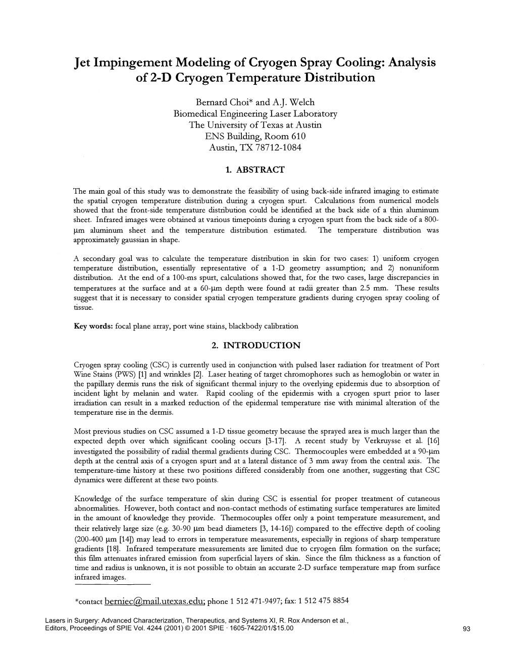 Jet Impingement Modeling of Cryogen Spray Cooling: Analysis of 2-D Cryogen Temperature Distribution