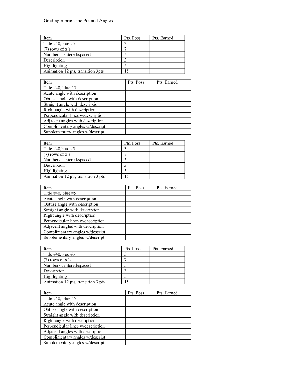 Grading Rubric Line Pot and Angles