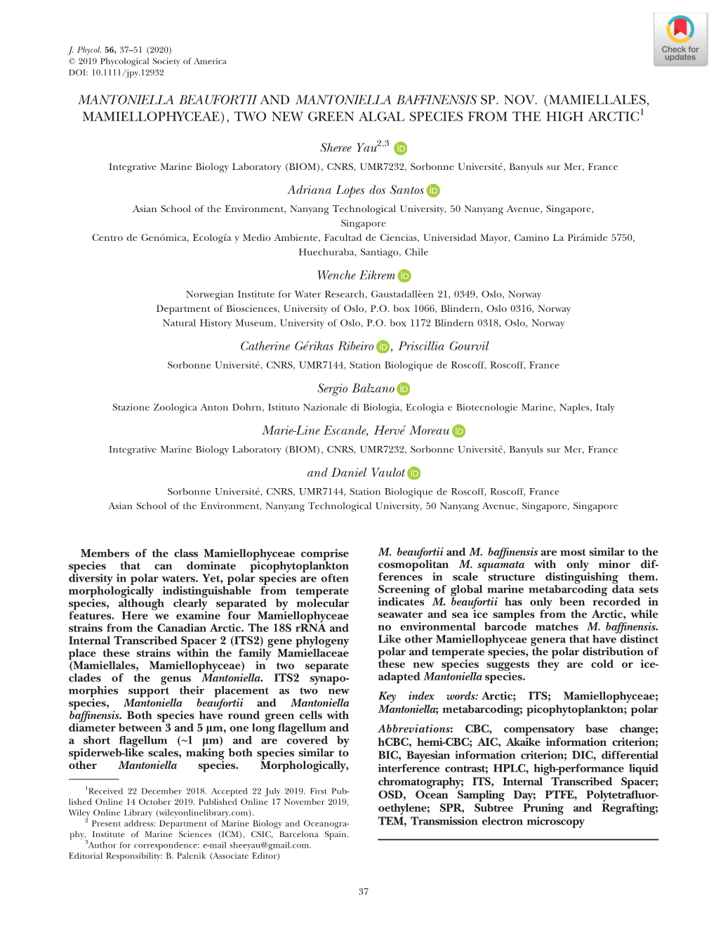 (Mamiellales, Mamiellophyceae), Two New Green Algal Species from the High Arctic1